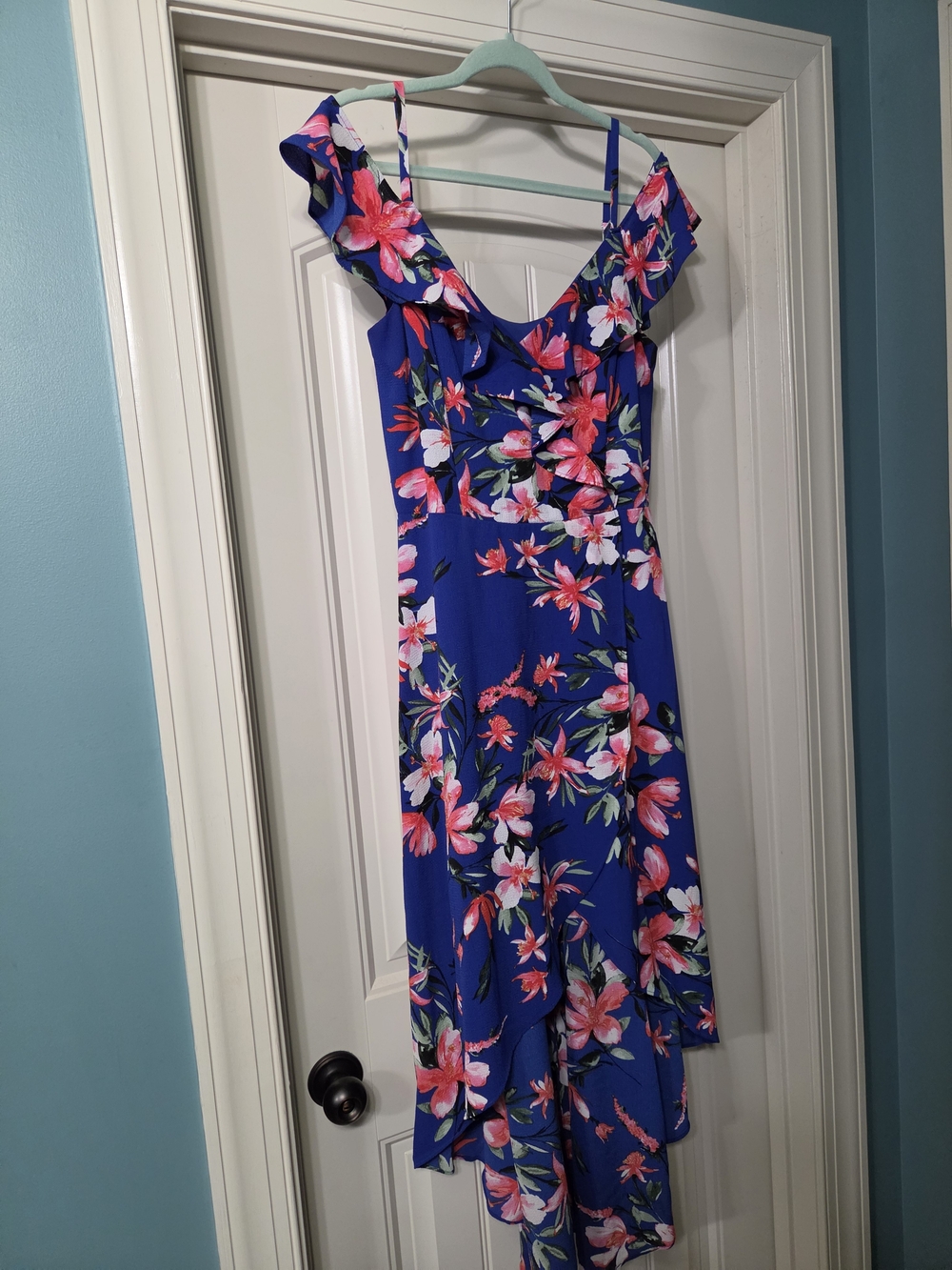 Iz Byer Royal Blue Floral High-Low Ruffle Dress